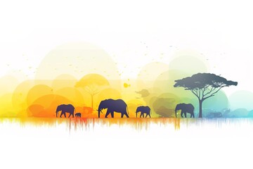 Elephants and trees in the field. Landscape background. simple minimal tech illustration.