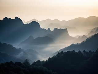 Fototapeta na wymiar Misty Mountain Range at Dawn - AI Generated