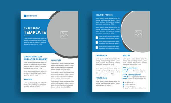 Case study template. Business case study booklet with creative layout. Double side flyer design