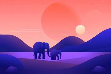 Elephant family in savanna, simple minimal tech illustration.