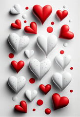 White background with painted red and white volumetric hearts. AI Generated
