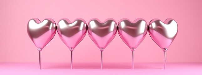 pink foil heart balloons isolated on pink background with space for copy, generative ai