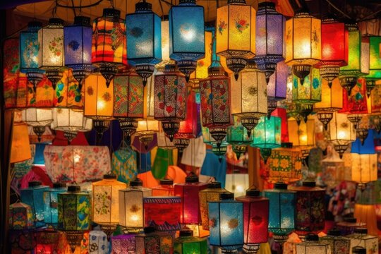 Colorful Lamp Shades at Market - AI Generated