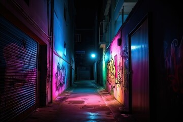 Neon Lights Illuminating Dark Alley - AI Generated