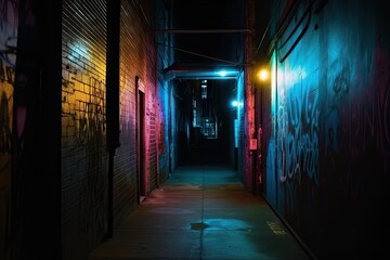 Fototapeta na wymiar Neon Lights Illuminating Dark Alley - AI Generated