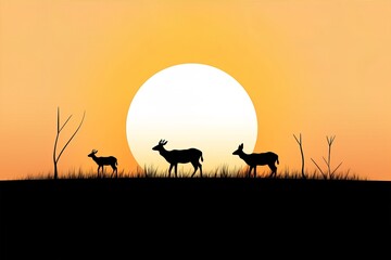 Fototapeta na wymiar Family of deer, sunset, simple minimal tech illustration.