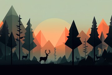 Family of deer, forest, simple minimal tech illustration.
