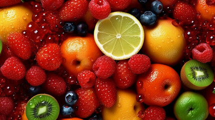Fototapeta na wymiar Juicy fruits top view background. AI generative