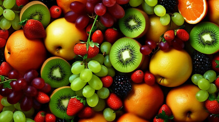 Fototapeta na wymiar Juicy fruits top view background. AI generative