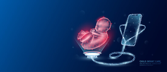 Online medical. Doctor patient consultation. Smartphone and stethoscope checks health child infant red translucent low poly triangles and copy space for text. Healthcare digital concept. Vector