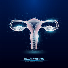 Female uterus white translucent low poly triangles on dark blue background. Futuristic glowing organ anatomy. Women's health care gynecology and reproductive system. Medical, science concept. Vector. - obrazy, fototapety, plakaty