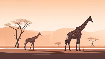 Giraffe family in savanna, simple minimal tech illustration.