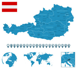 Obraz premium Austria - detailed blue country map with cities, regions, location on world map and globe. Infographic icons.