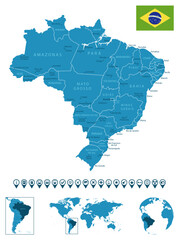 Fototapeta premium Brazil - detailed blue country map with cities, regions, location on world map and globe. Infographic icons.