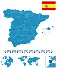 Spain - detailed blue country map with cities, regions, location on world map and globe. Infographic icons.
