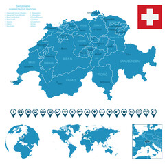 Switzerland - detailed blue country map with cities, regions, location on world map and globe. Infographic icons.