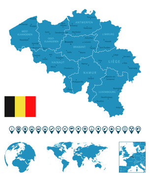 Belgium - detailed blue country map with cities, regions, location on world map and globe. Infographic icons.