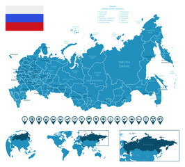 Russia - detailed blue country map with cities, regions, location on world map and globe. Infographic icons.