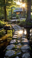 Luminous granite stepping stones leading to cottage in middle of pond. AI generative