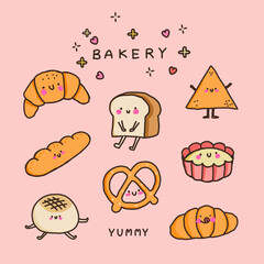 Bread characters. Funny tasty bakery pastries, cartoon happy breads faces character set, kawaii croissant and pastry, cute chocolate muffin and baguette expression illustration