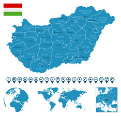 Hungary - detailed blue country map with cities, regions, location on world map and globe. Infographic icons.