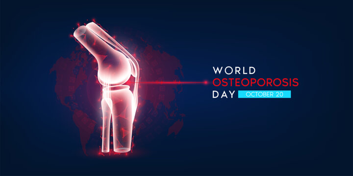 World Osteoporosis Day. Human bone anatomy translucent low poly triangles. Unhealthy bone joint on dark blue background. Poster or banner for website. Medical concept. Vector EPS10.