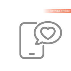 Dating app, online chatting line vector icon. Phone and heart chat bubble, love date message outlined symbol.