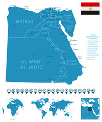 Egypt - detailed blue country map with cities, regions, location on world map and globe. Infographic icons.