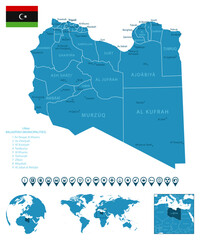 Libya - detailed blue country map with cities, regions, location on world map and globe. Infographic icons. - obrazy, fototapety, plakaty