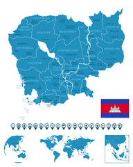 Cambodia - detailed blue country map with cities, regions, location on world map and globe. Infographic icons.