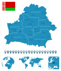 Belarus - detailed blue country map with cities, regions, location on world map and globe. Infographic icons.