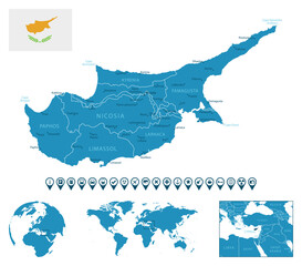 Cyprus - detailed blue country map with cities, regions, location on world map and globe. Infographic icons.