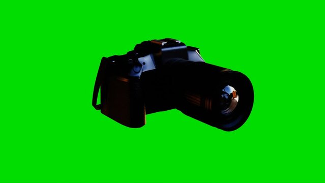 3d model of a black camera rotating on a green screen