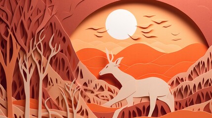 Paper cut of a deer in the forest.