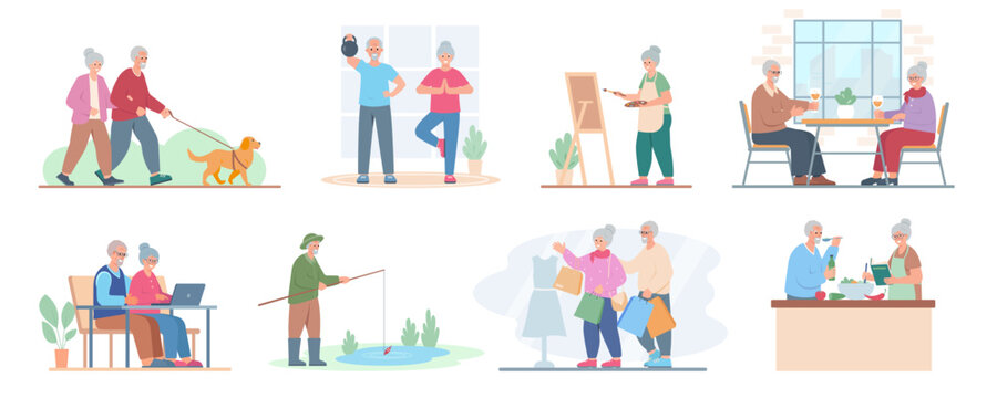 Senior people hobbies and leisure activities set. Elderly men and women walking, painting, cooking, relaxing and exercising. Healthy active lifestyle retiree for grandparents vector illustration.