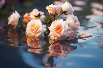 beautiful white and rose flowers floating in the lake. AI generative