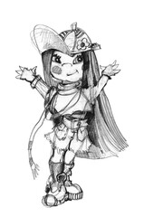 A pencil-drawn girl in a cap. A graphic character. A cheerful little man with his hands up. A smiling girl. Youth illustration. Monochrome drawing.