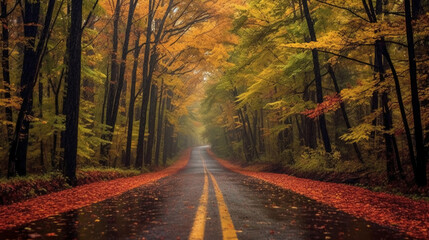 a beautiful long road in autumn season is lined with trees bearing colorful leaves. AI generative