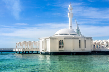 Alrahmah floating mosque with sea in foreground, Jeddah, Saudi Arabia