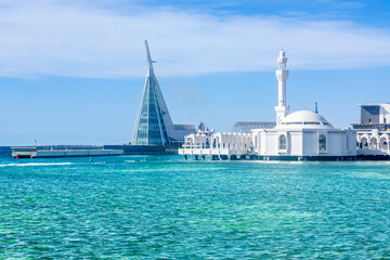 Alrahmah floating mosque with sea in foreground, Jeddah, Saudi Arabia