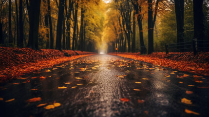 a beautiful long road in autumn season is lined with trees bearing colorful leaves. AI generative