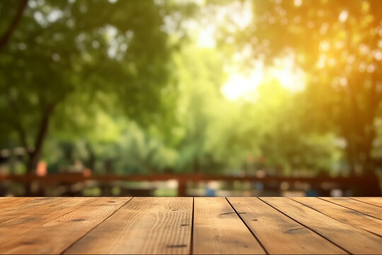 A wooden table in background of summer Garden Generative AI