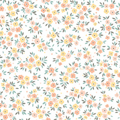 Cute floral pattern in small flowers. Delicate orange and yellow flowers. White background. Liberty print. Floral seamless background. Trendy template for fashion prints. Stock vector pattern.