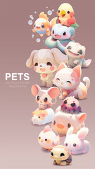 Obraz premium Group of a cute little animals with a kind smiling face and big eyes.