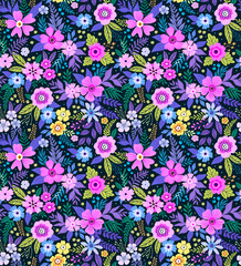 Vector seamless pattern. Cute pattern in small flowers. Small colorful flowers. Dark blue background. Trendy floral background. Bright template for fashion prints. Stock vector.