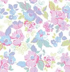 Beautiful floral pattern in small flowers. Delicate white flowers. White background. Liberty print. Floral seamless background. Trendy template for fashion prints. Stock pattern.