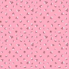 Spring flowers print. Vector seamless floral pattern. Floral design for fashion prints. Endless print made of small white flowers. Delicate template. Pink background. Stock vector.