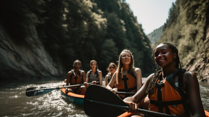 A group of friends are kayaking down a river. - obrazy, fototapety, plakaty