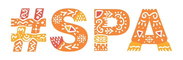 SPA Hashtag. Isolated text, national ethnic ornament. Patterned Hashtag #SPA for social network, Relaxation treatments resources, mobile app, games, clothing, t-shirt, banner, adv.