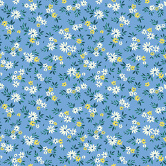 Vintage floral background. Floral pattern with small white and yellow flowers on a light blue background. Seamless pattern for design and fashion prints. Ditsy style. Stock vector illustration.